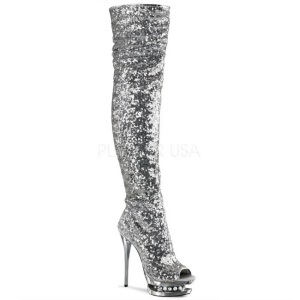 Silver Sequins 15 cm PLEASER BLONDIE-R-3011 Platform Over Knee Boots