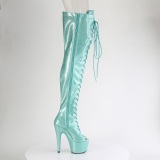 Glitter 18 cm PEEP TOE Green thigh high boots with laces high heels