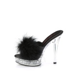 Leatherette 13,5 cm MAJESTY-501F-8 Black mules high heels with marabou feathers