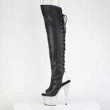 Rhinestones 18 cm PEEP TOE Black thigh high boots with laces high heels