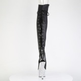 Rhinestones 18 cm PEEP TOE Black thigh high boots with laces high heels