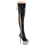 Rhinestones 18 cm open toe Black thigh high boots with laces high heels